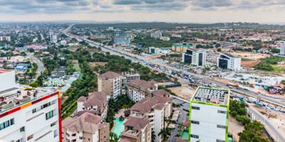 High view point cityscape of Accra, Ghana. Traffic jam on George